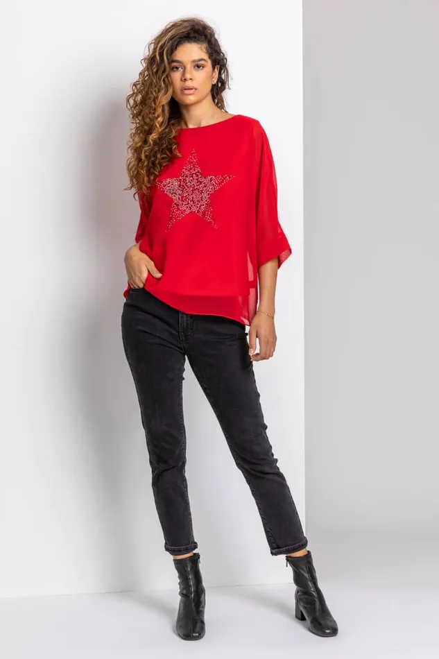 Red Star Embellished Chiffon Top Women Roman Tops