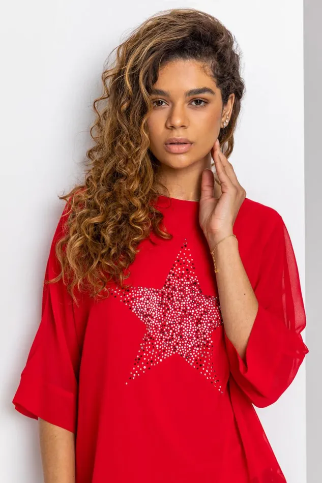 Red Star Embellished Chiffon Top Women Roman Tops