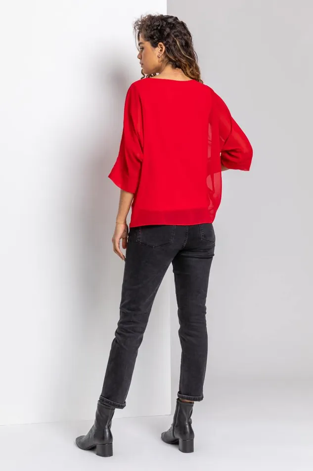 Red Star Embellished Chiffon Top Women Roman Tops