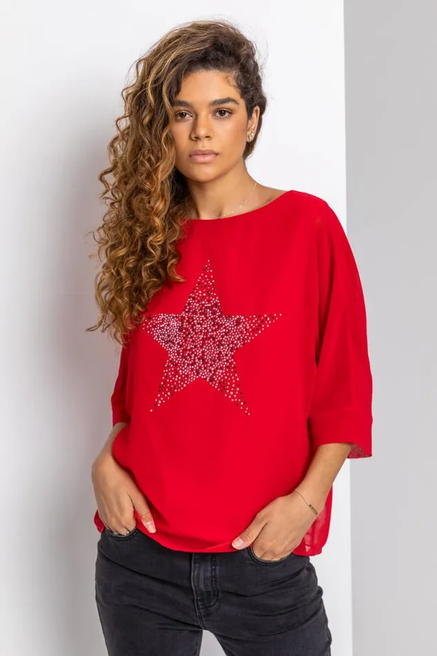 Red Star Embellished Chiffon Top Women Roman Tops