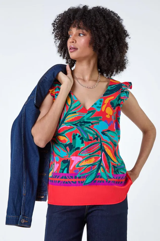 Red Tropical Print Frill Sleeve VNeck Vest Top Women Roman Tops
