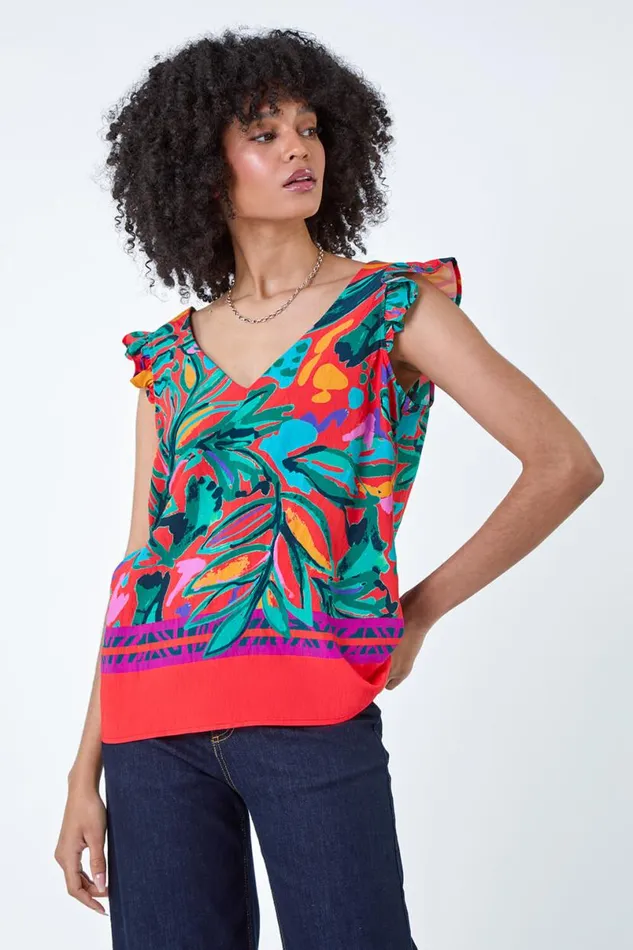Red Tropical Print Frill Sleeve VNeck Vest Top Women Roman Tops