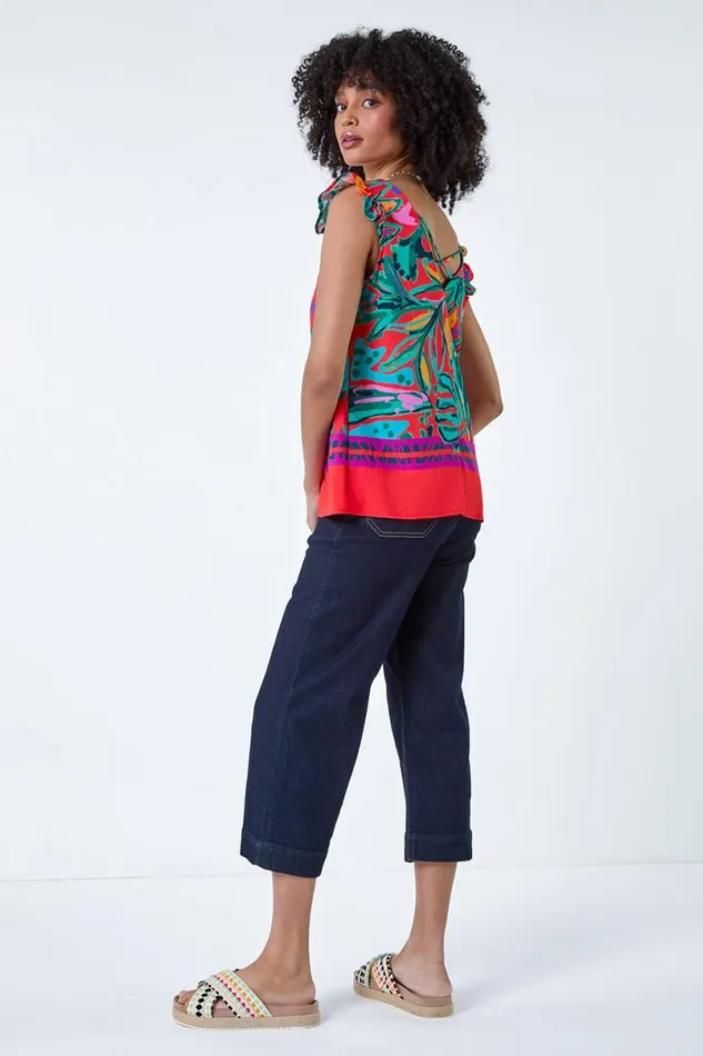 Red Tropical Print Frill Sleeve VNeck Vest Top Women Roman Tops