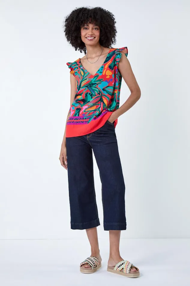 Red Tropical Print Frill Sleeve VNeck Vest Top Women Roman Tops