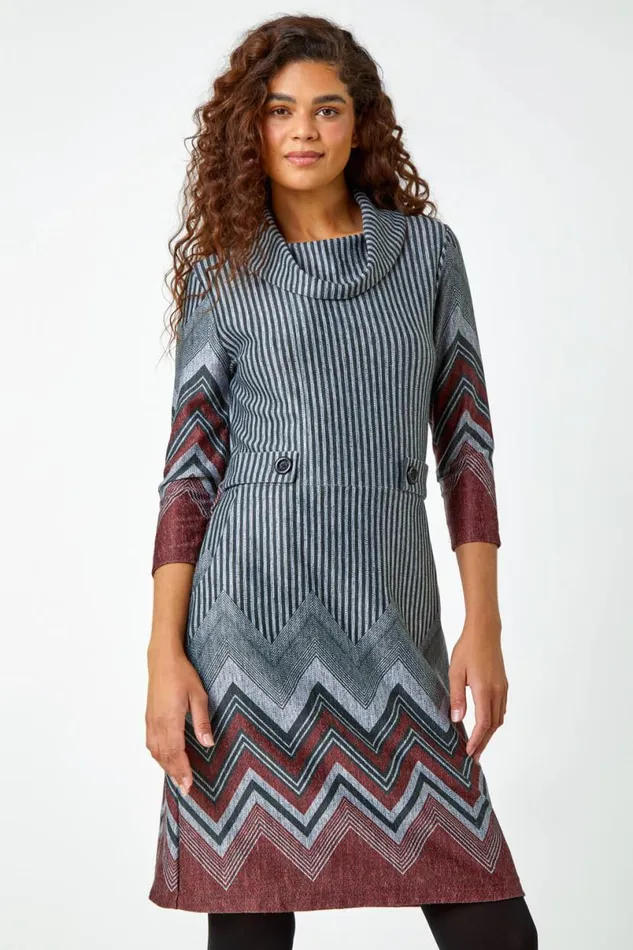 Red Zig Zag Border Print Tunic Stretch Dress Women Roman Dresses