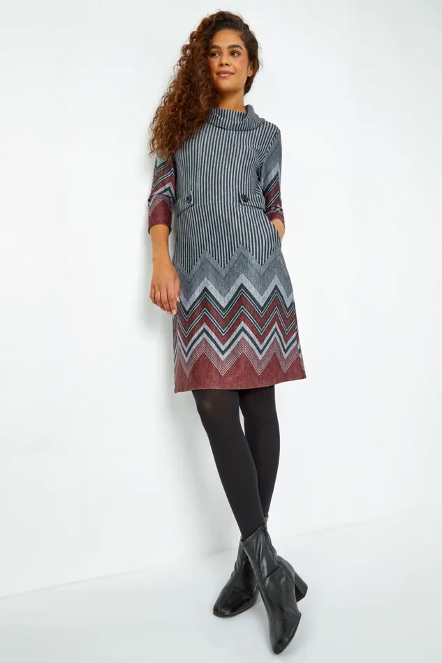 Red Zig Zag Border Print Tunic Stretch Dress Women Roman Dresses