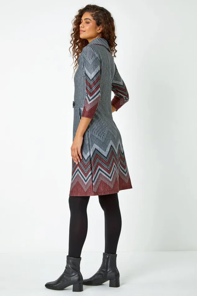 Red Zig Zag Border Print Tunic Stretch Dress Women Roman Dresses
