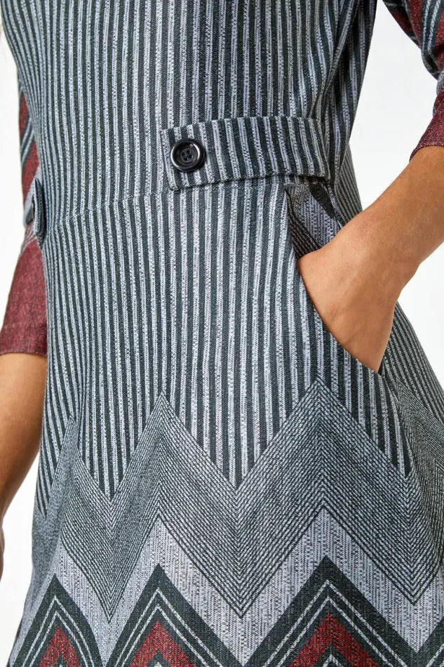 Red Zig Zag Border Print Tunic Stretch Dress Women Roman Dresses
