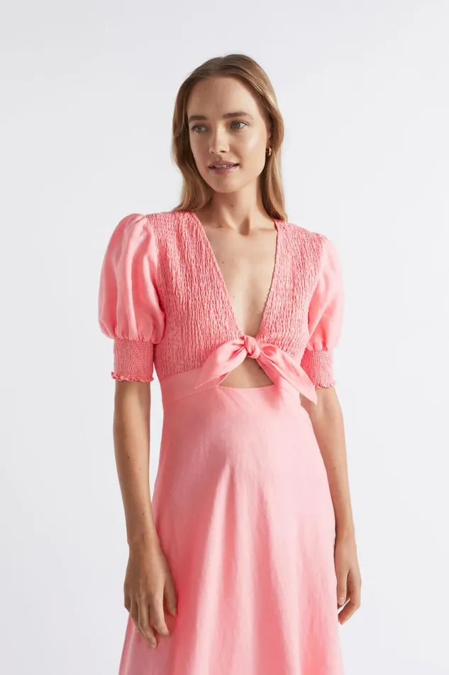 Resort Woman Seed Heritage Linen Shirred Tie Front Midi Dress Pale Peony