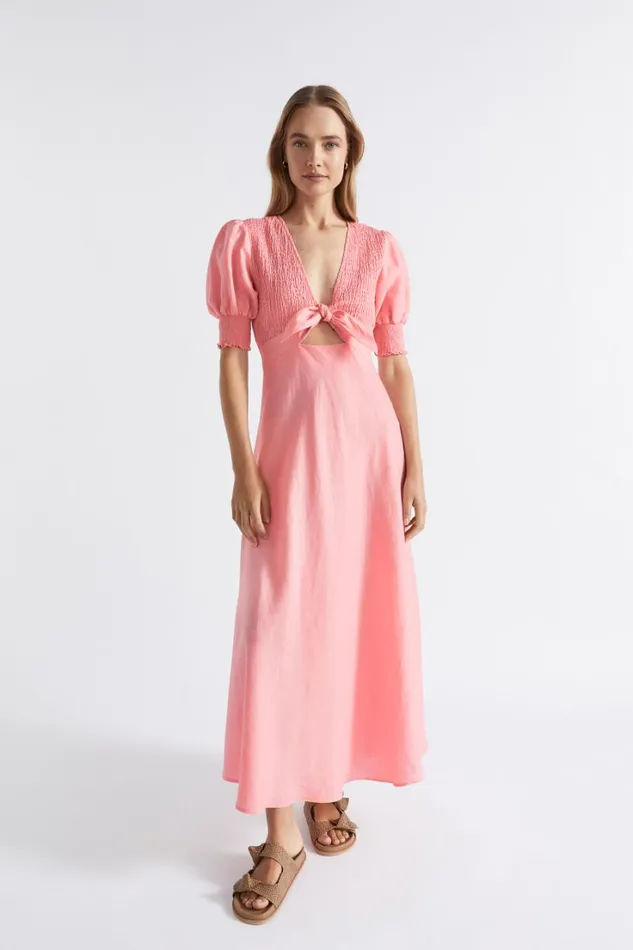 Resort Woman Seed Heritage Linen Shirred Tie Front Midi Dress Pale Peony