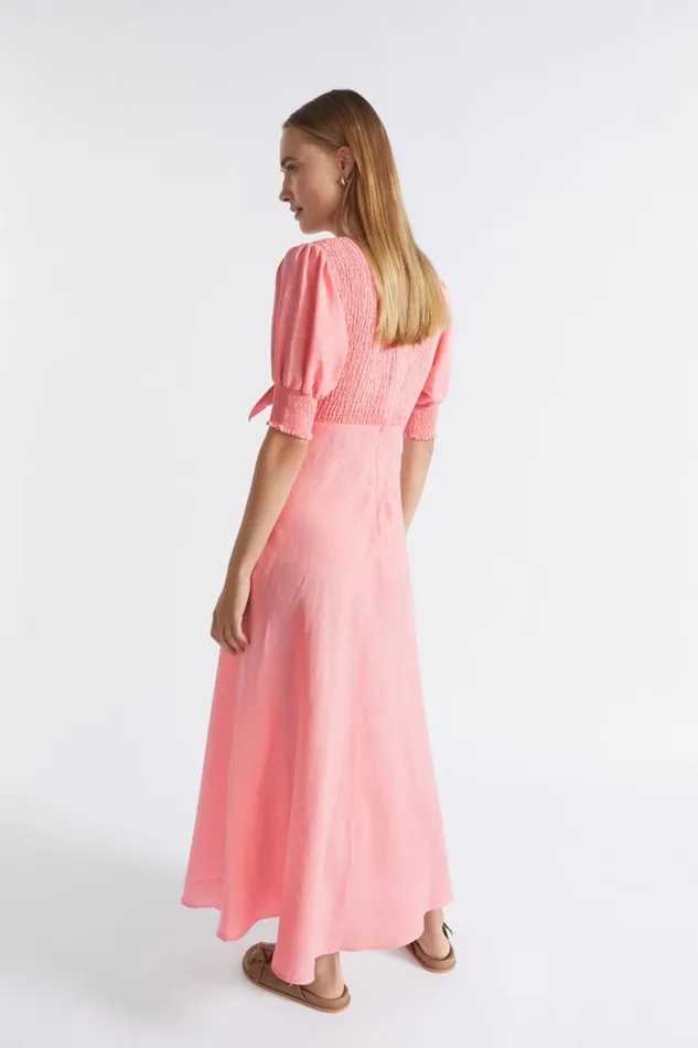 Resort Woman Seed Heritage Linen Shirred Tie Front Midi Dress Pale Peony