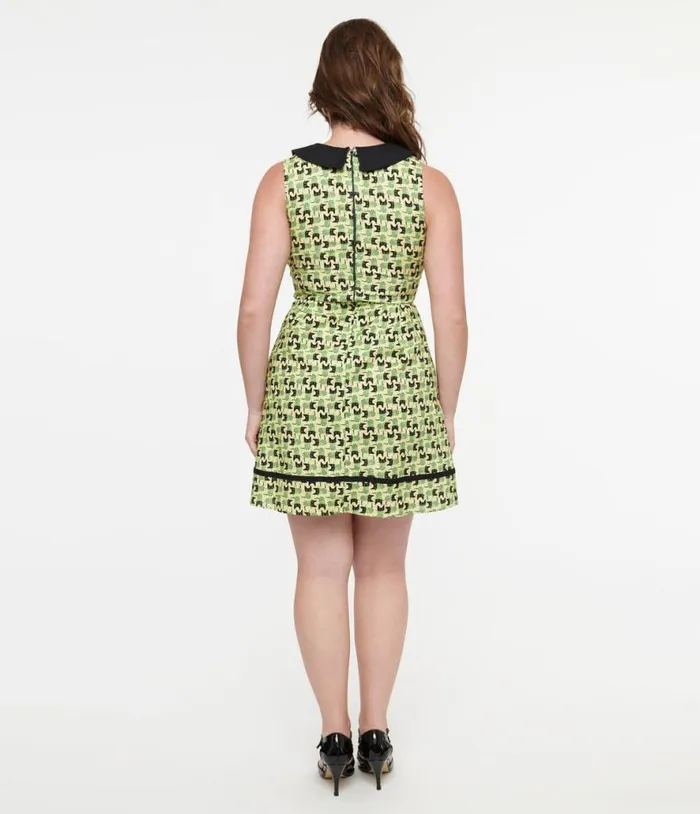 Retrolicious 1950s Green and Black Mod Cat Print Cotton Fit and Flare Dress Dresses Unique Vintage Fit and Flare