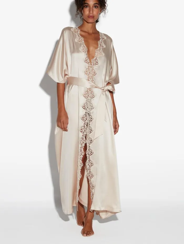 Rose Beige Long Silk Robe With Macram Sleepwear La Perla Robes
