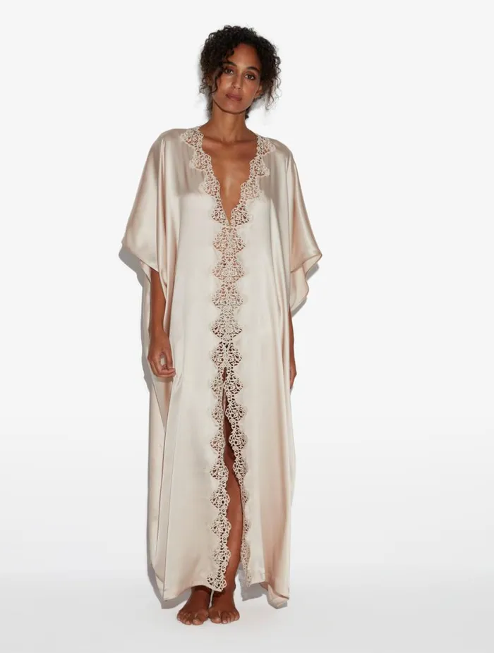 Rose Beige Long Silk Robe With Macram Sleepwear La Perla Robes