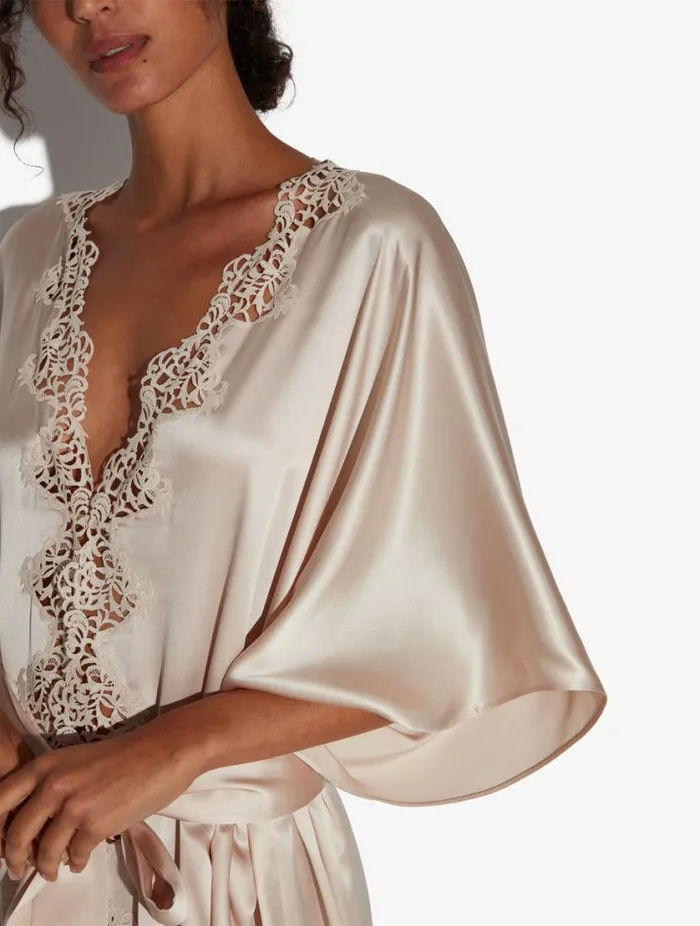 Rose Beige Long Silk Robe With Macram Sleepwear La Perla Robes