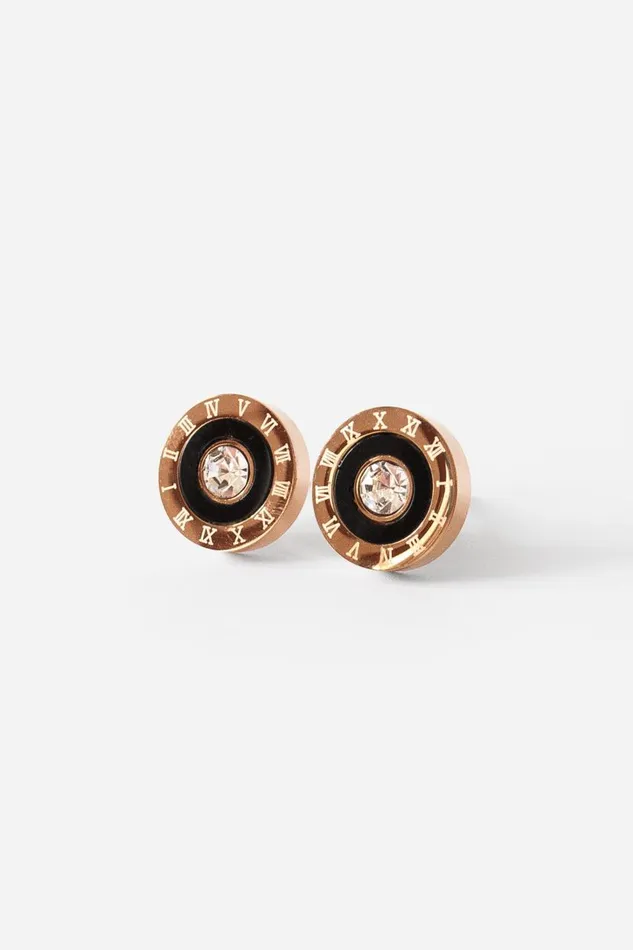 Rose Gold Diamante Clock Earrings Women Roman Jewellery