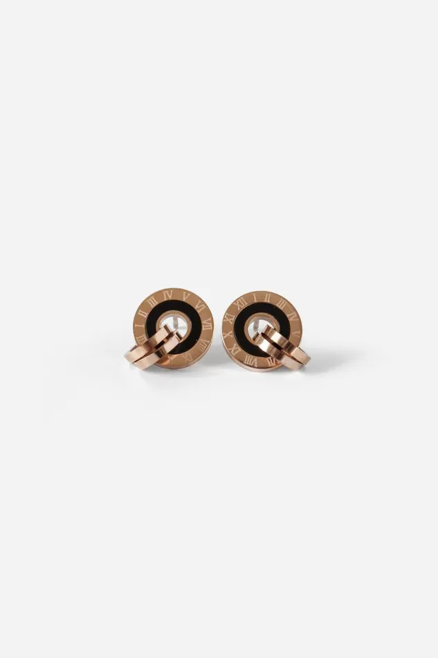 Rose Gold Mini Hoop Clock Stud Earrings Women Roman Jewellery