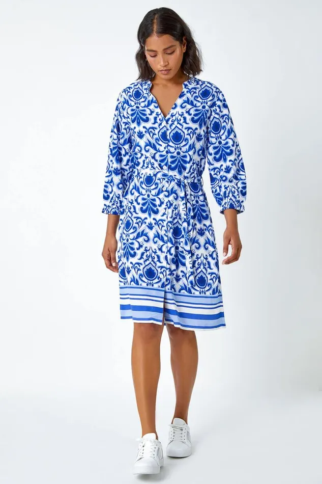 Royal Blue Abstract Border Print Shirt Dress Women Roman Dresses
