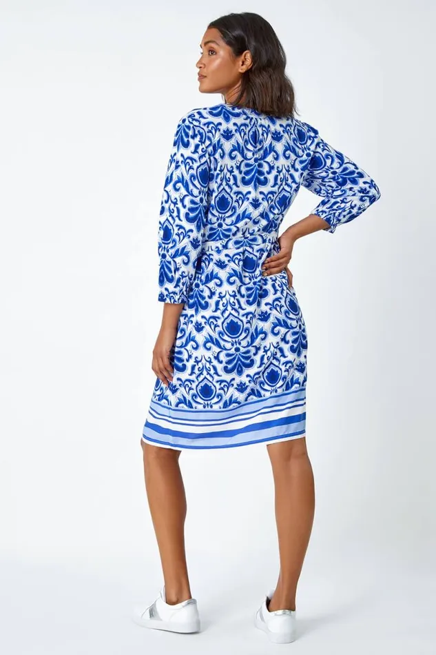 Royal Blue Abstract Border Print Shirt Dress Women Roman Dresses