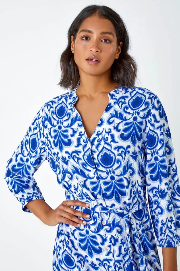 Royal Blue Abstract Border Print Shirt Dress Women Roman Dresses