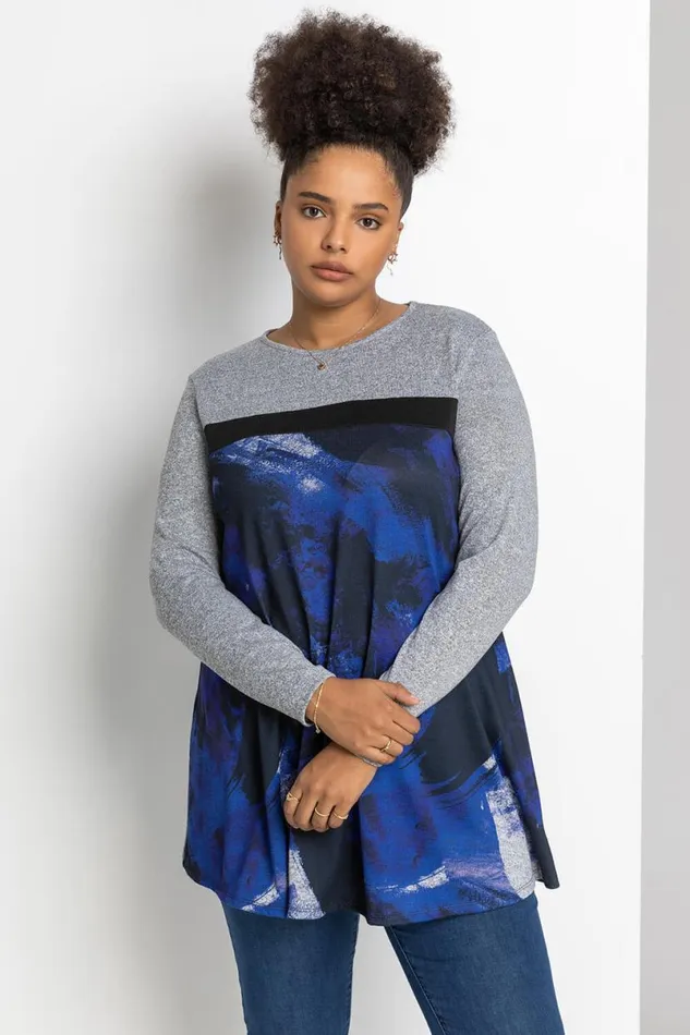 Royal Blue Curve Abstract Print Contrast Top Women Roman Tops