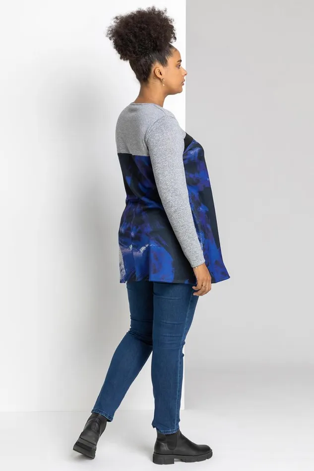 Royal Blue Curve Abstract Print Contrast Top Women Roman Tops