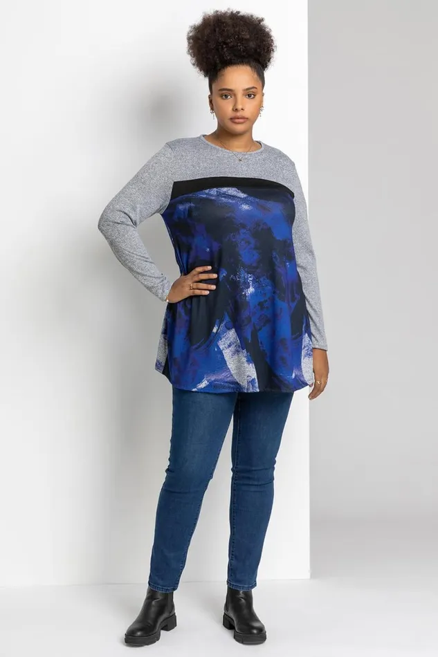 Royal Blue Curve Abstract Print Contrast Top Women Roman Tops
