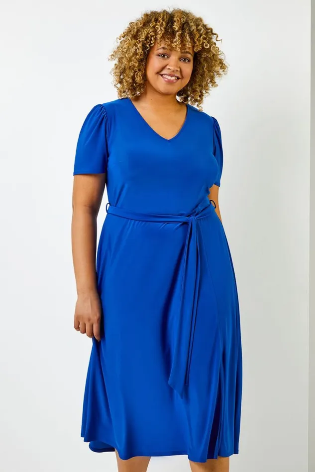 Royal Blue Curve Plain Fit And Flare Midi Dress Women Roman Dresses