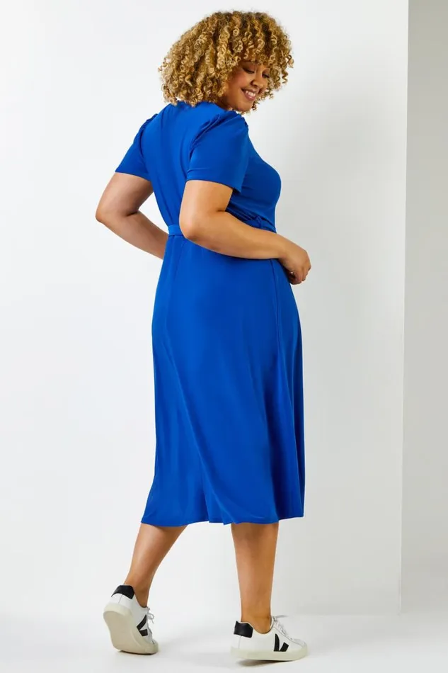 Royal Blue Curve Plain Fit And Flare Midi Dress Women Roman Dresses