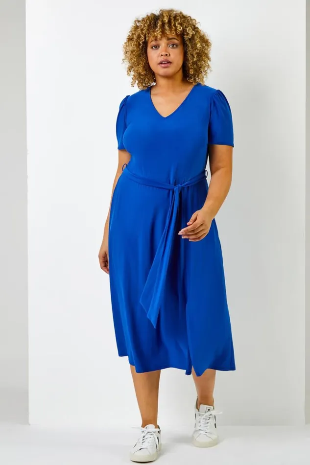 Royal Blue Curve Plain Fit And Flare Midi Dress Women Roman Dresses