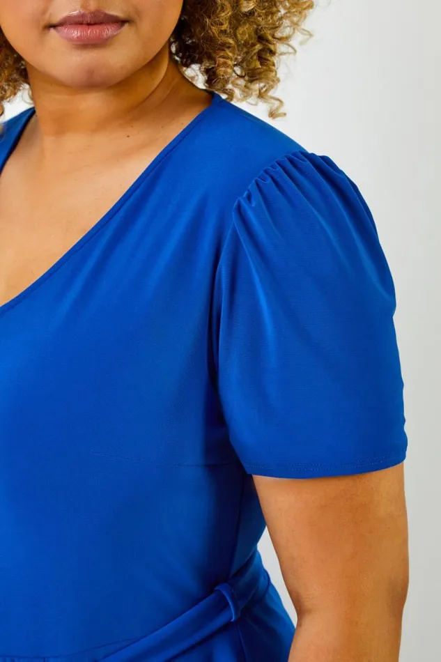 Royal Blue Curve Plain Fit And Flare Midi Dress Women Roman Dresses