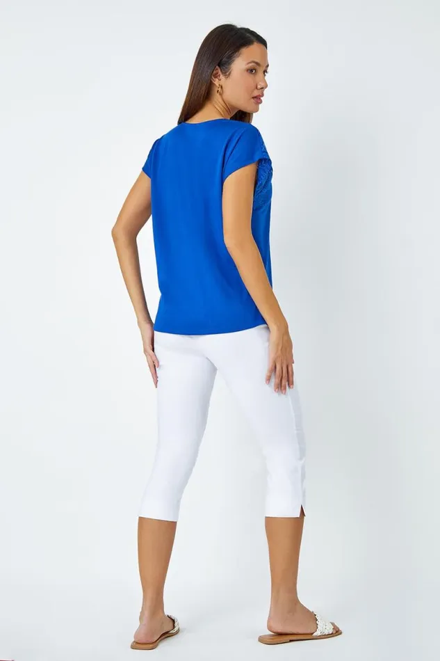 Royal Blue Embellished Palm Print Cut Out TShirt Women Roman Tops