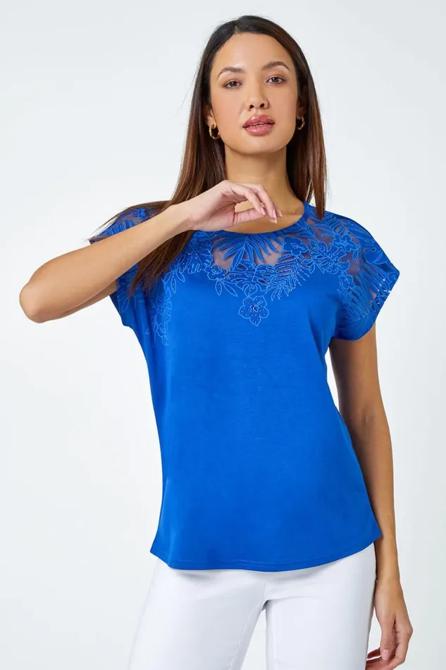 Royal Blue Embellished Palm Print Cut Out TShirt Women Roman Tops