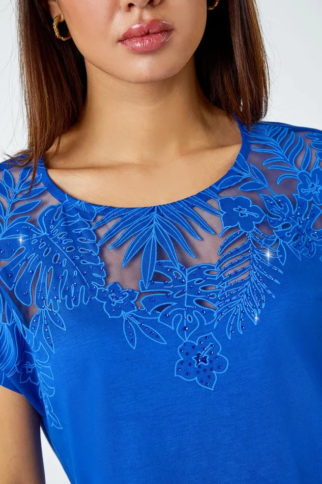 Royal Blue Embellished Palm Print Cut Out TShirt Women Roman Tops