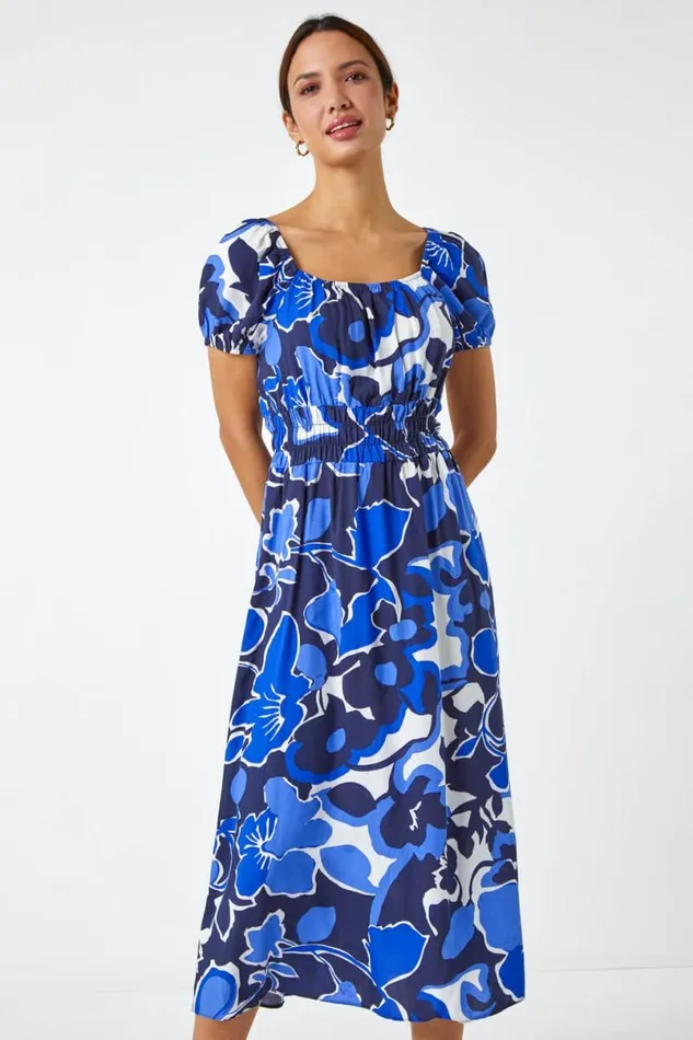 Royal Blue Floral Print Puff Sleeve Midi Dress Women Roman Dresses