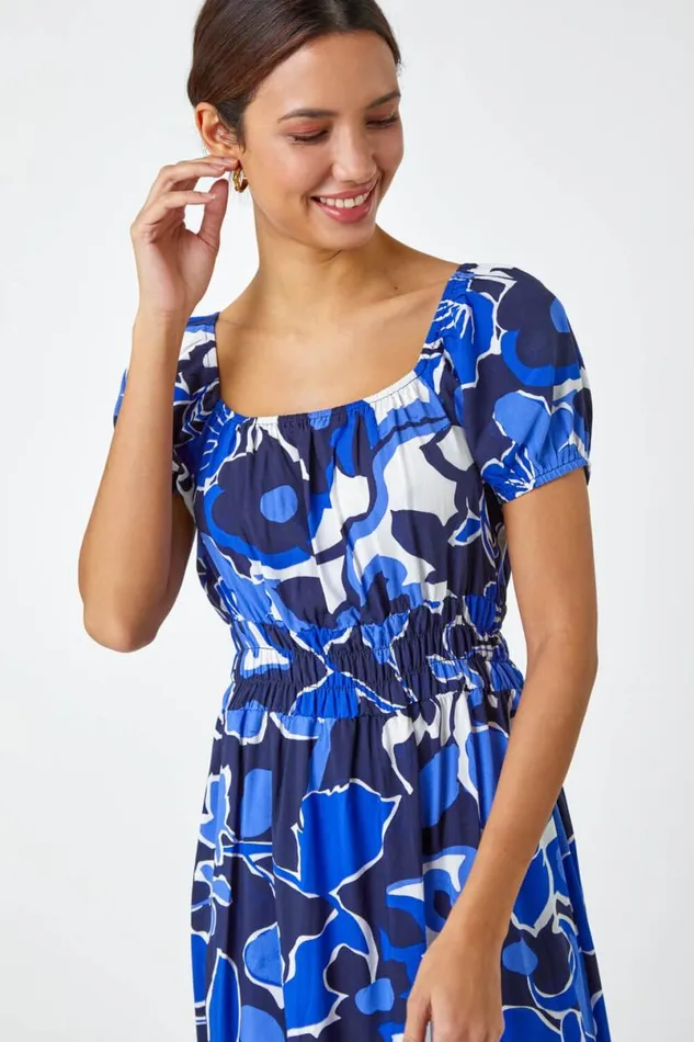 Royal Blue Floral Print Puff Sleeve Midi Dress Women Roman Dresses