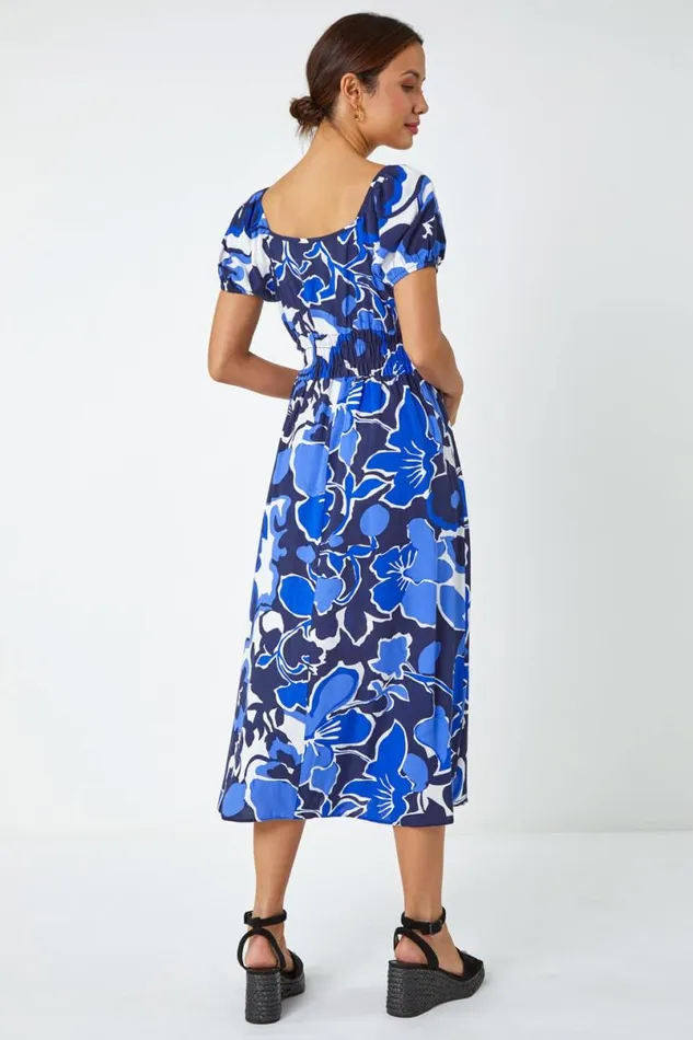Royal Blue Floral Print Puff Sleeve Midi Dress Women Roman Dresses