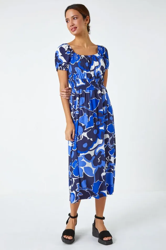 Royal Blue Floral Print Puff Sleeve Midi Dress Women Roman Dresses