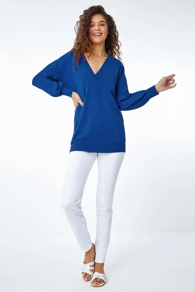 Royal Blue Plain Stretch VNeck Longline Jumper Women Roman Knitwear