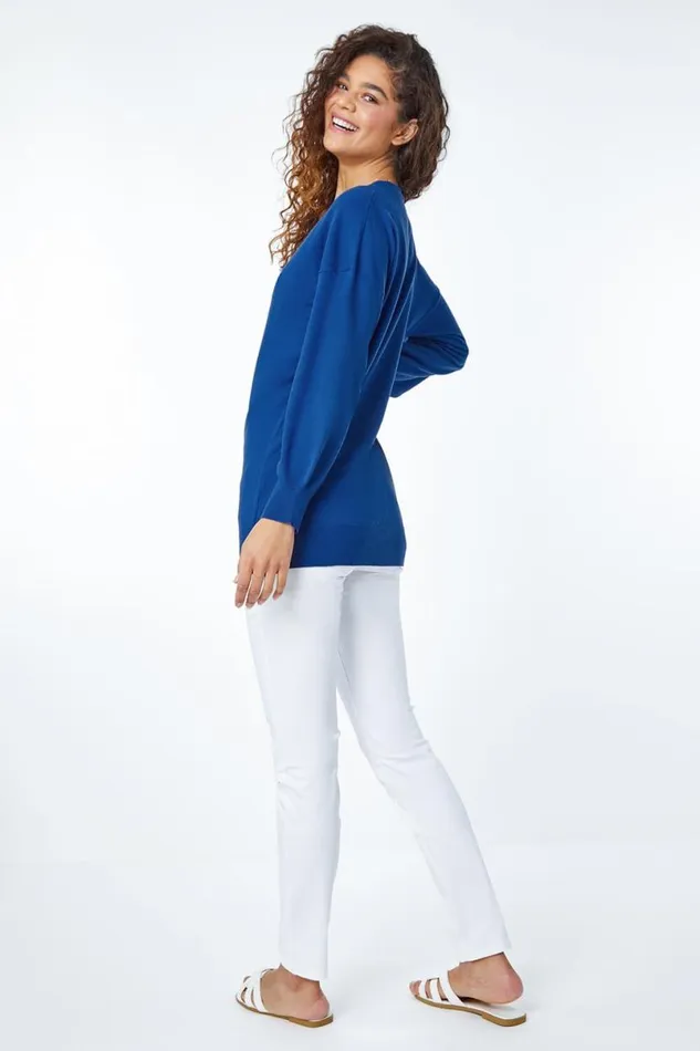 Royal Blue Plain Stretch VNeck Longline Jumper Women Roman Knitwear