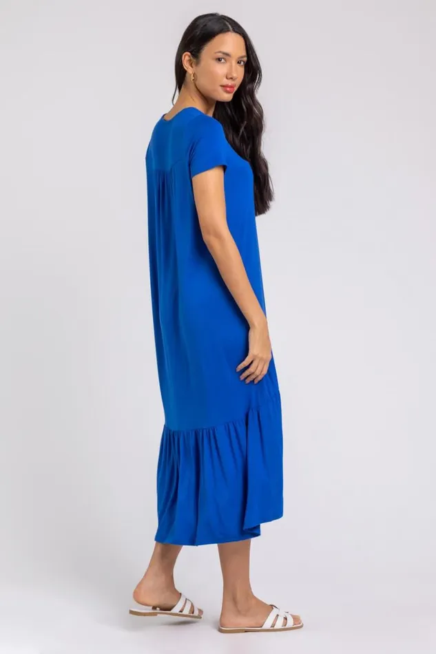 Royal Blue Tiered Hem Jersey Midi Dress Women Roman Dresses