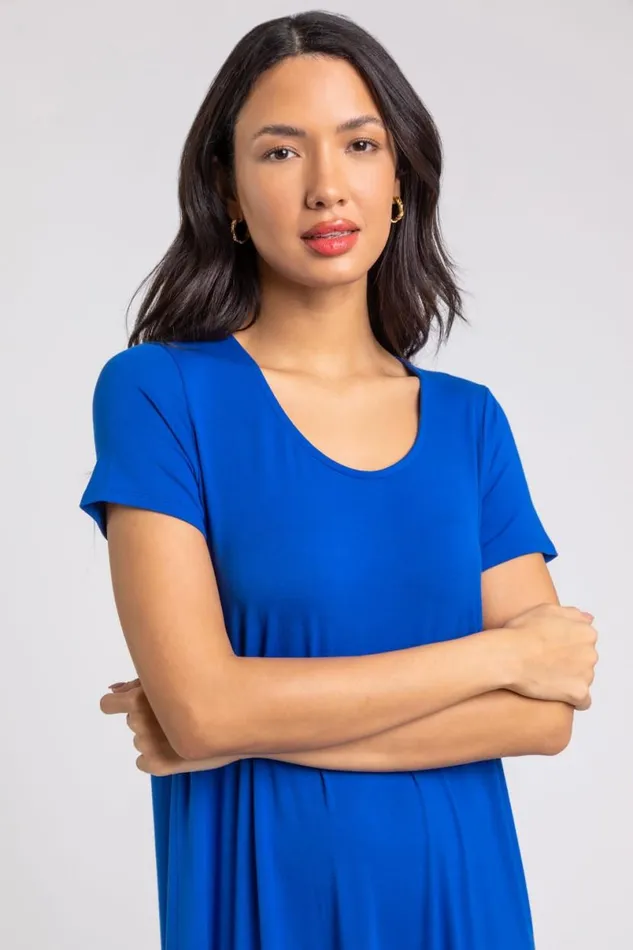 Royal Blue Tiered Hem Jersey Midi Dress Women Roman Dresses