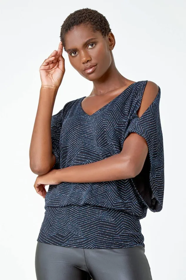 Royal Blue VNeck Cold Shoulder Glitter Blouson Top Women Roman Tops
