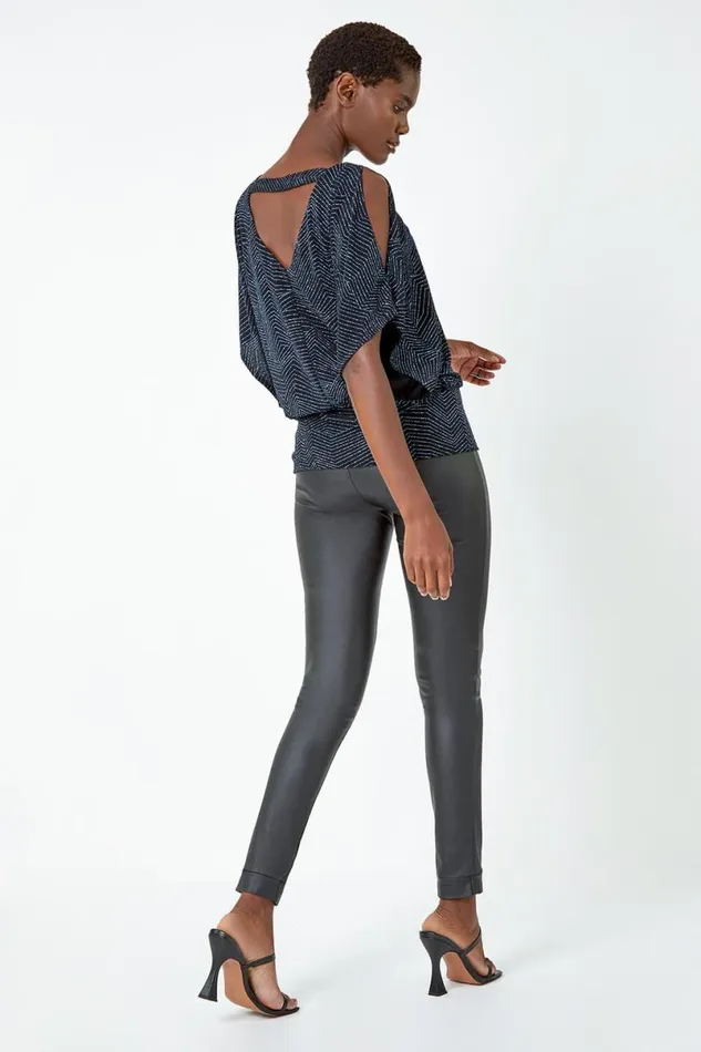Royal Blue VNeck Cold Shoulder Glitter Blouson Top Women Roman Tops