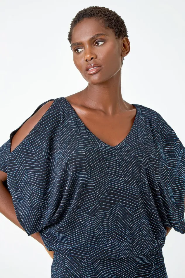 Royal Blue VNeck Cold Shoulder Glitter Blouson Top Women Roman Tops