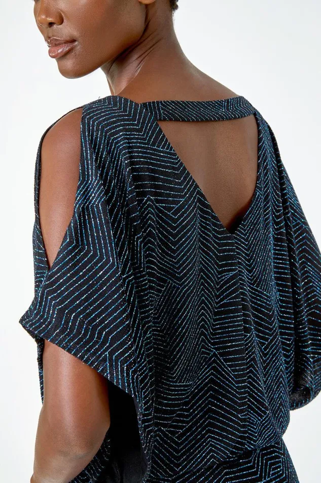 Royal Blue VNeck Cold Shoulder Glitter Blouson Top Women Roman Tops