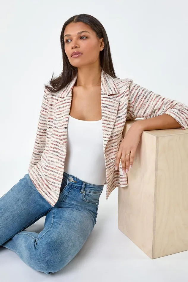 Rust Stripe Textured 34 Sleeve Cotton Blend Jacket Women Roman Jackets