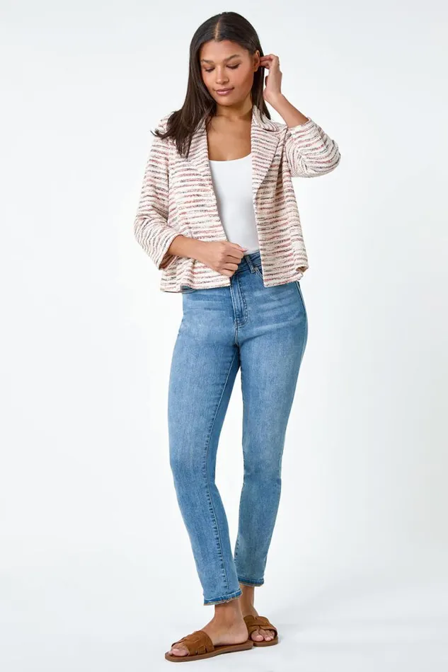 Rust Stripe Textured 34 Sleeve Cotton Blend Jacket Women Roman Jackets
