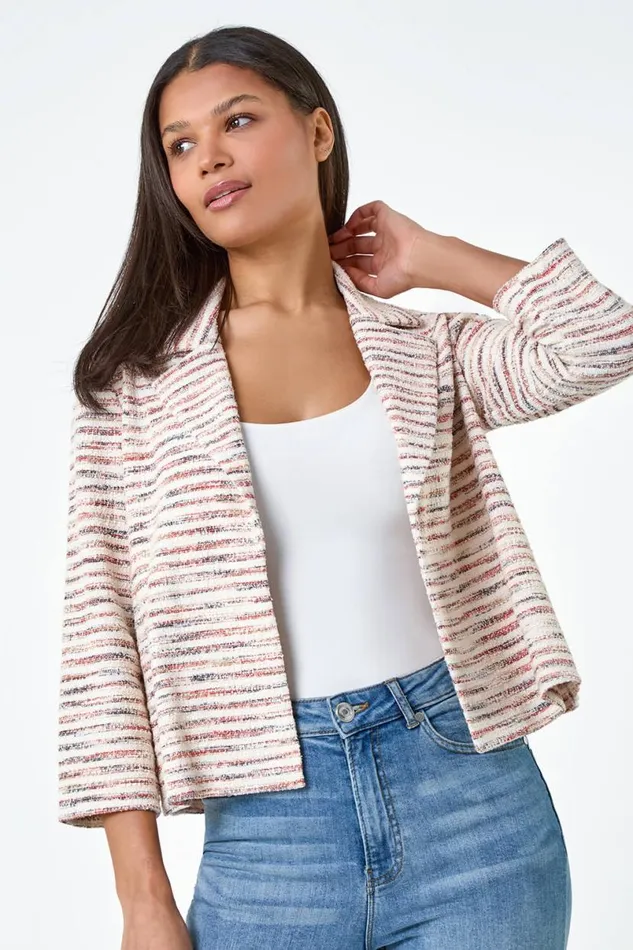 Rust Stripe Textured 34 Sleeve Cotton Blend Jacket Women Roman Jackets