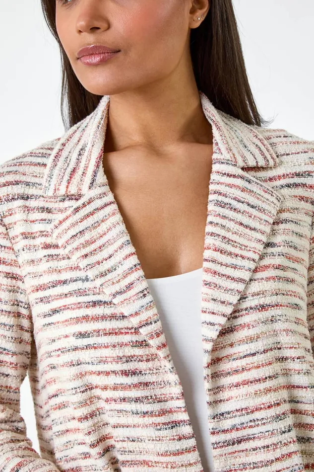 Rust Stripe Textured 34 Sleeve Cotton Blend Jacket Women Roman Jackets